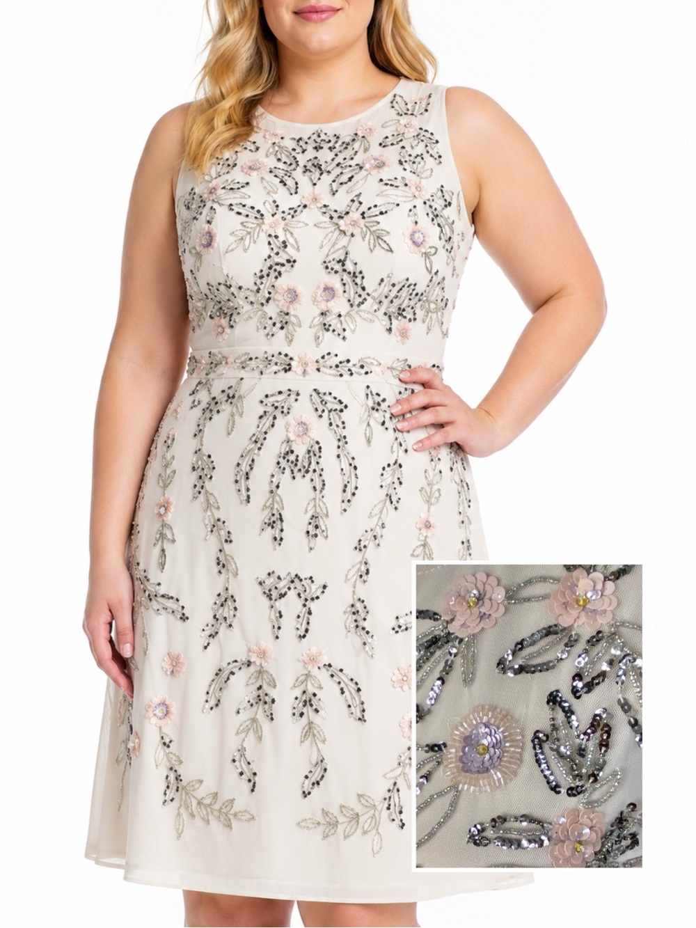 Adrianna Papell Ivory Multi ALine Beaded Dress AP1E201902 Floral Bridal Beadwork